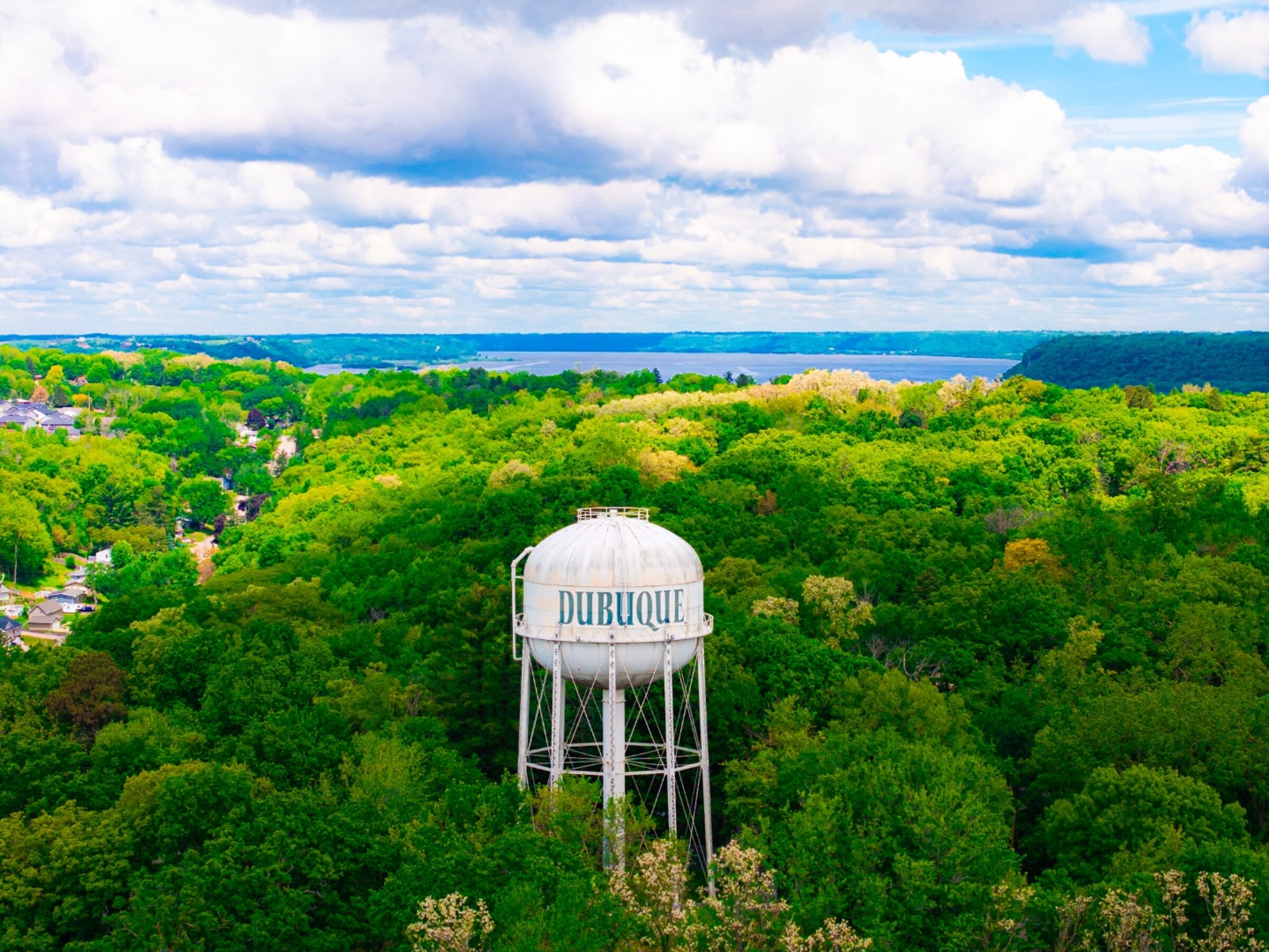 Iconic Dubuque, Iowa water tower above the bluffs at sunrise